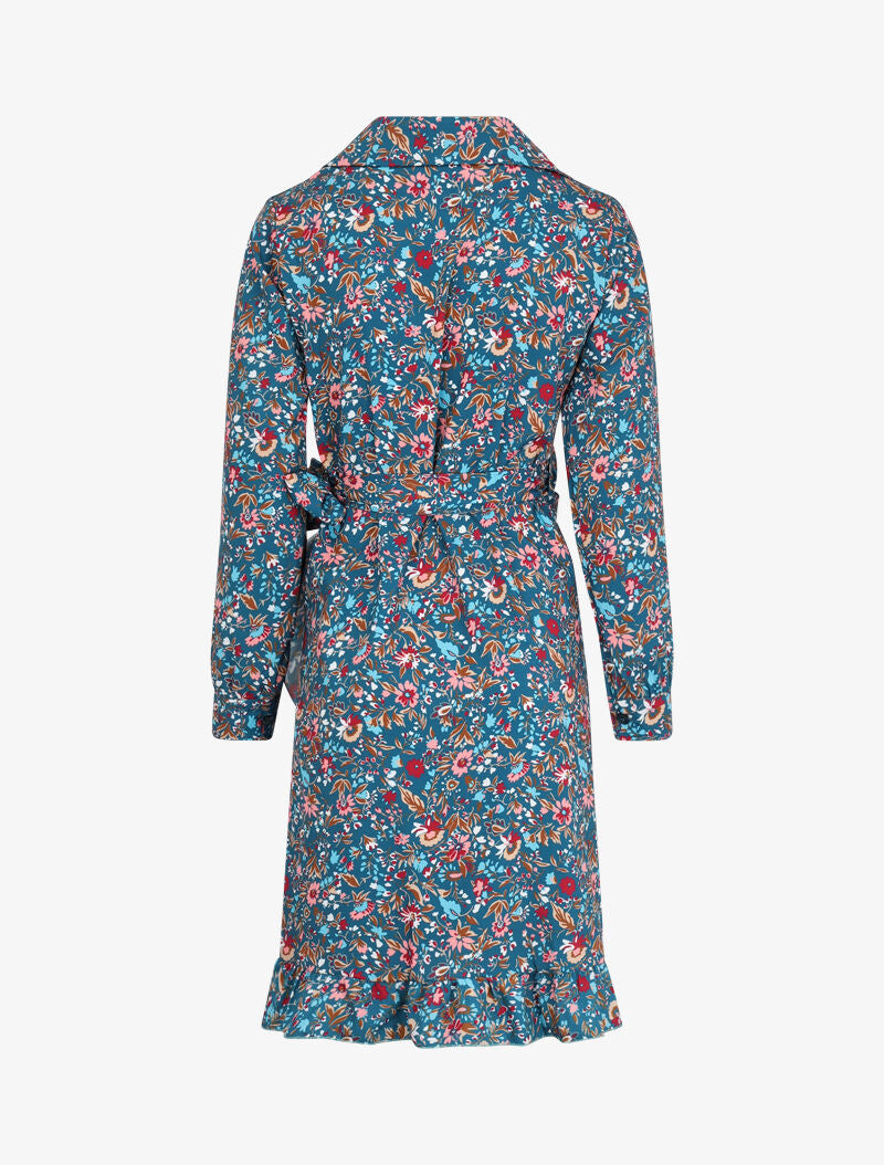 Robe portefeuille volantée à imprimé fleurs printanières - Bleu - 2