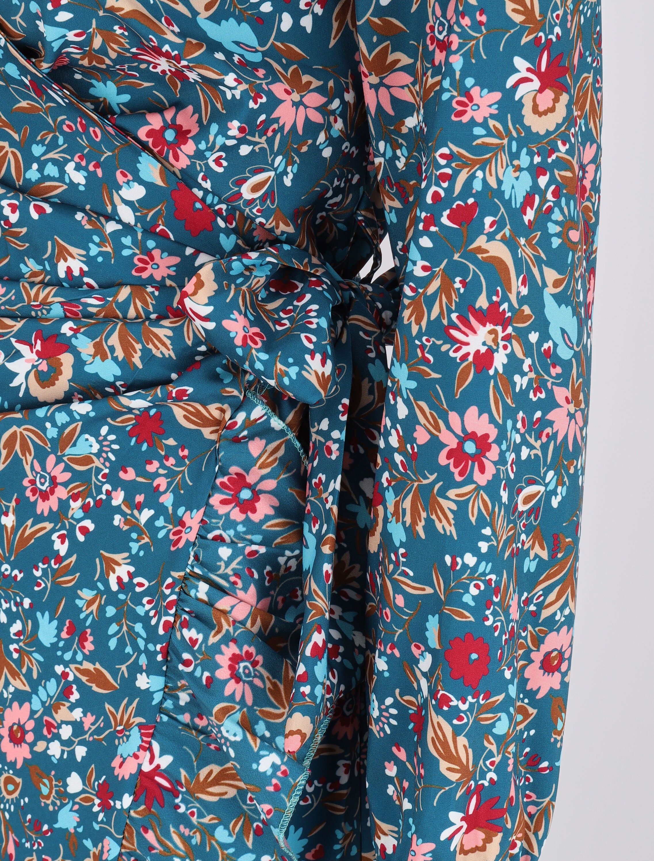 Robe portefeuille volantée à imprimé fleurs printanières - Bleu - 3