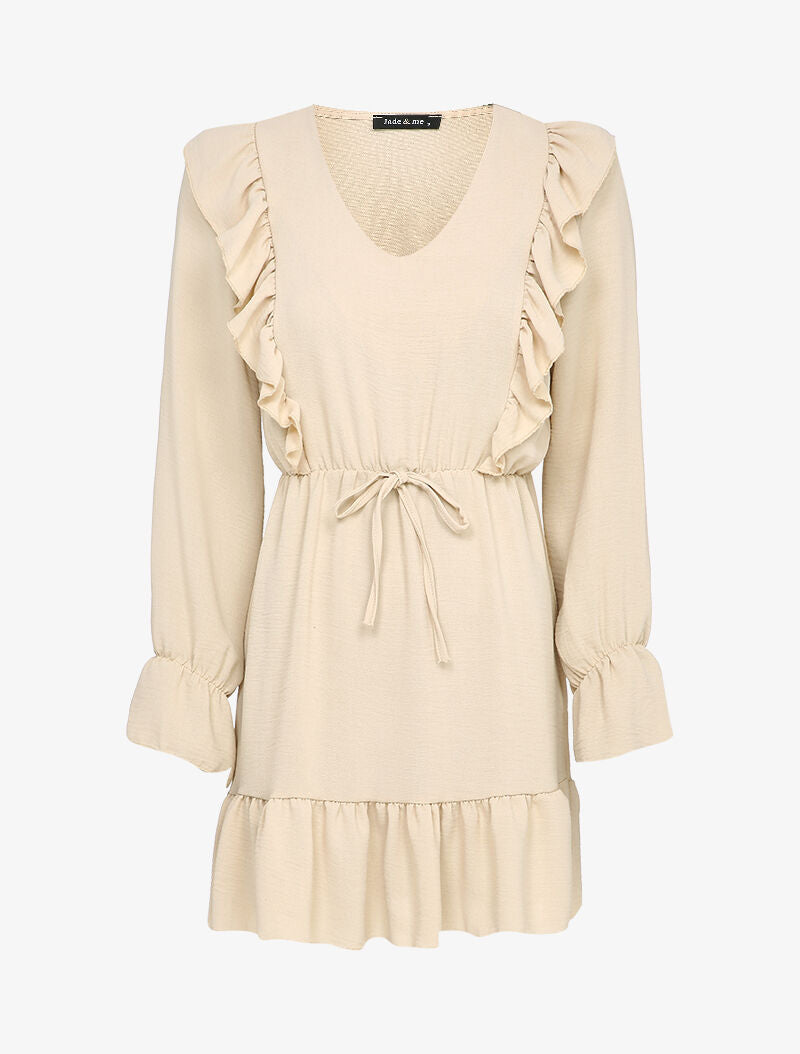 Robe patineuse à épaules et bords volantés - Beige - 1