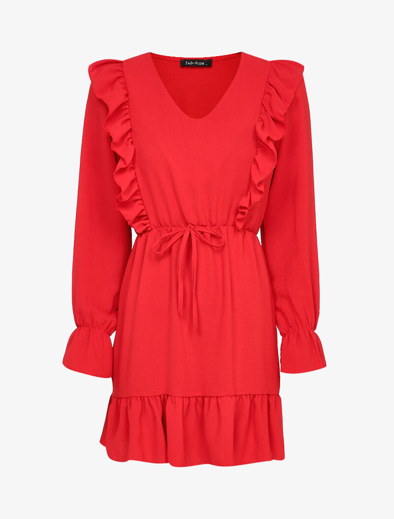 Robe patineuse à épaules et bords volantés - Rouge - 1