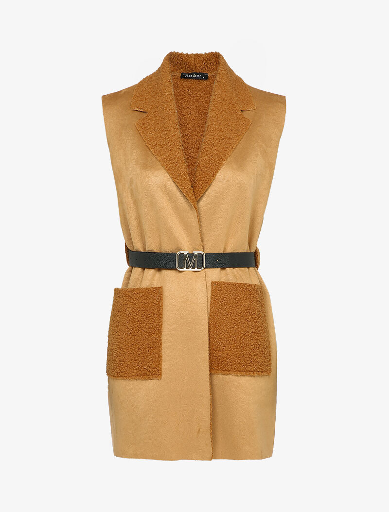Veste sans manches style peau lainée - Camel - 1