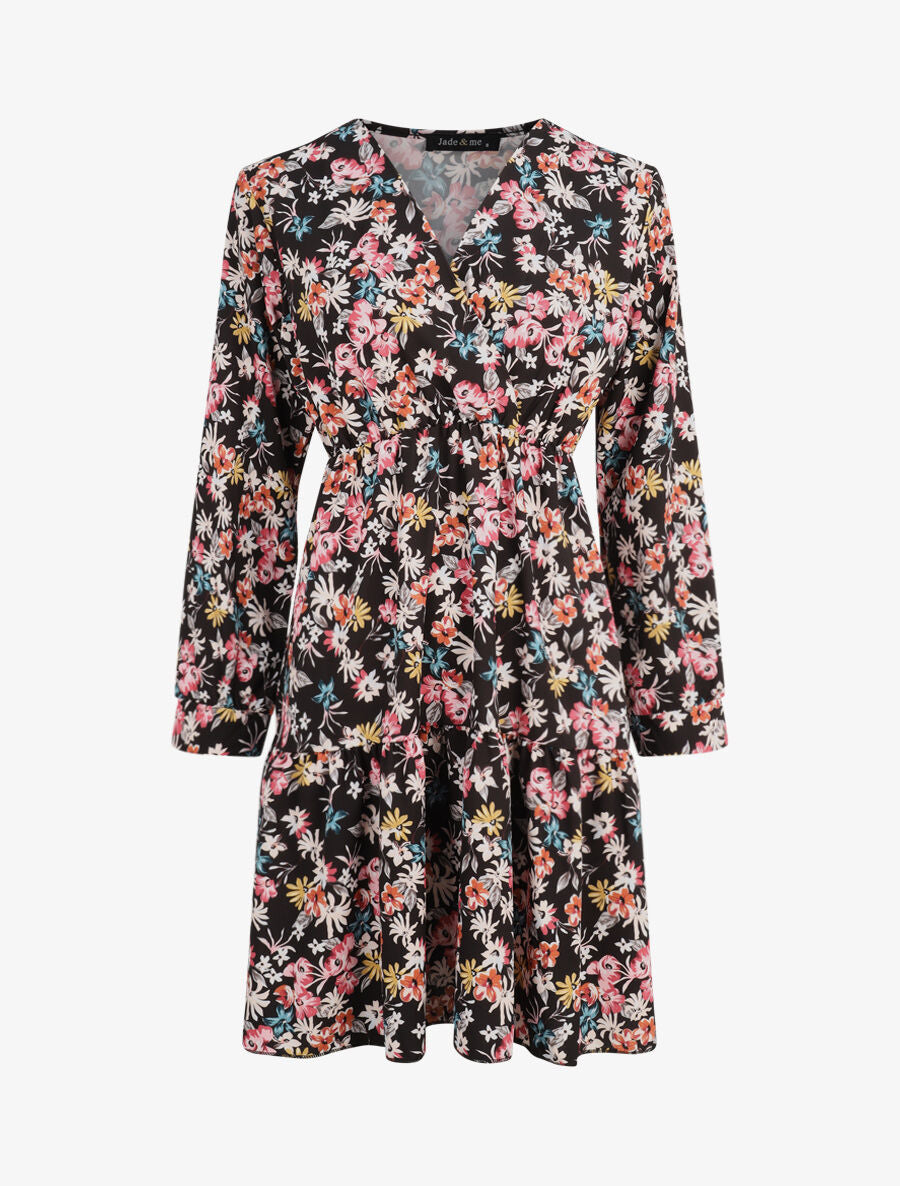 Robe patineuse fleurie à col cache-coeur - Noir - 1