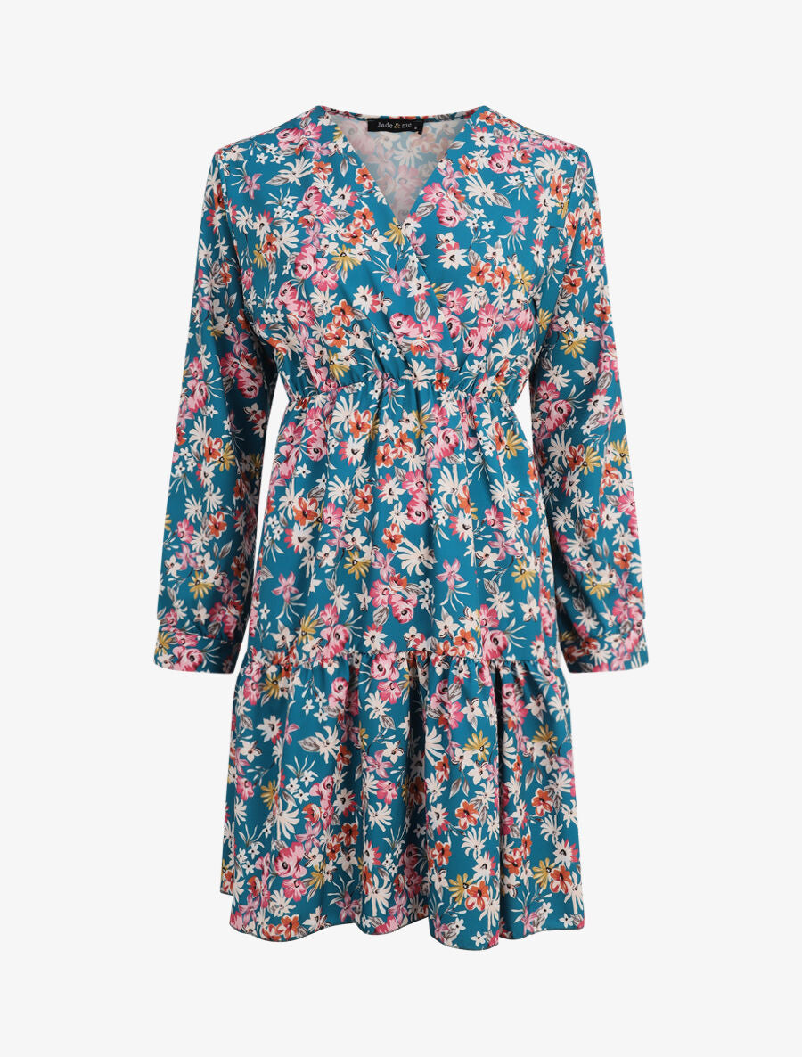 Robe patineuse fleurie à col cache-coeur - Bleu canard - 1