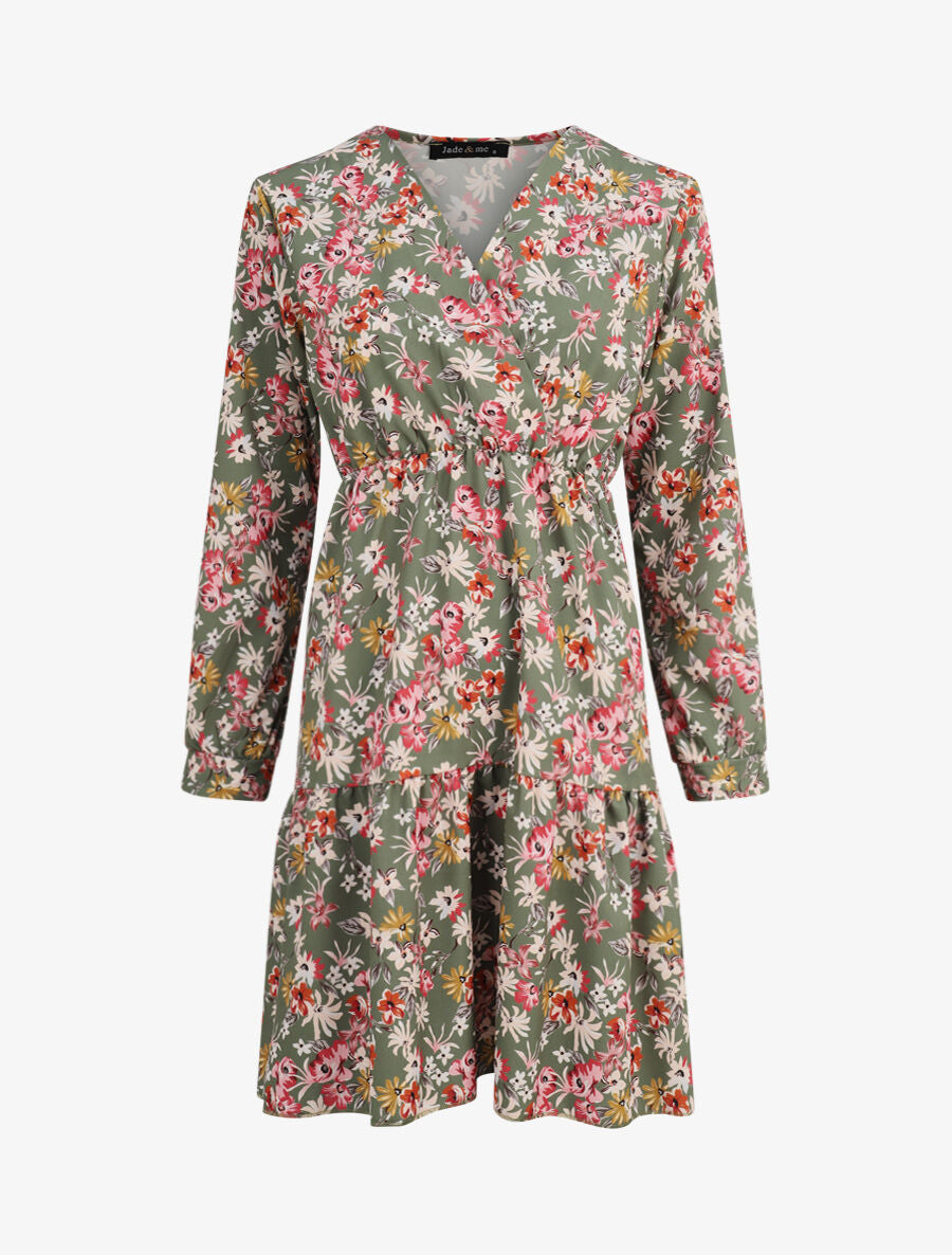 Robe patineuse fleurie à col cache-coeur - Vert olive - 1