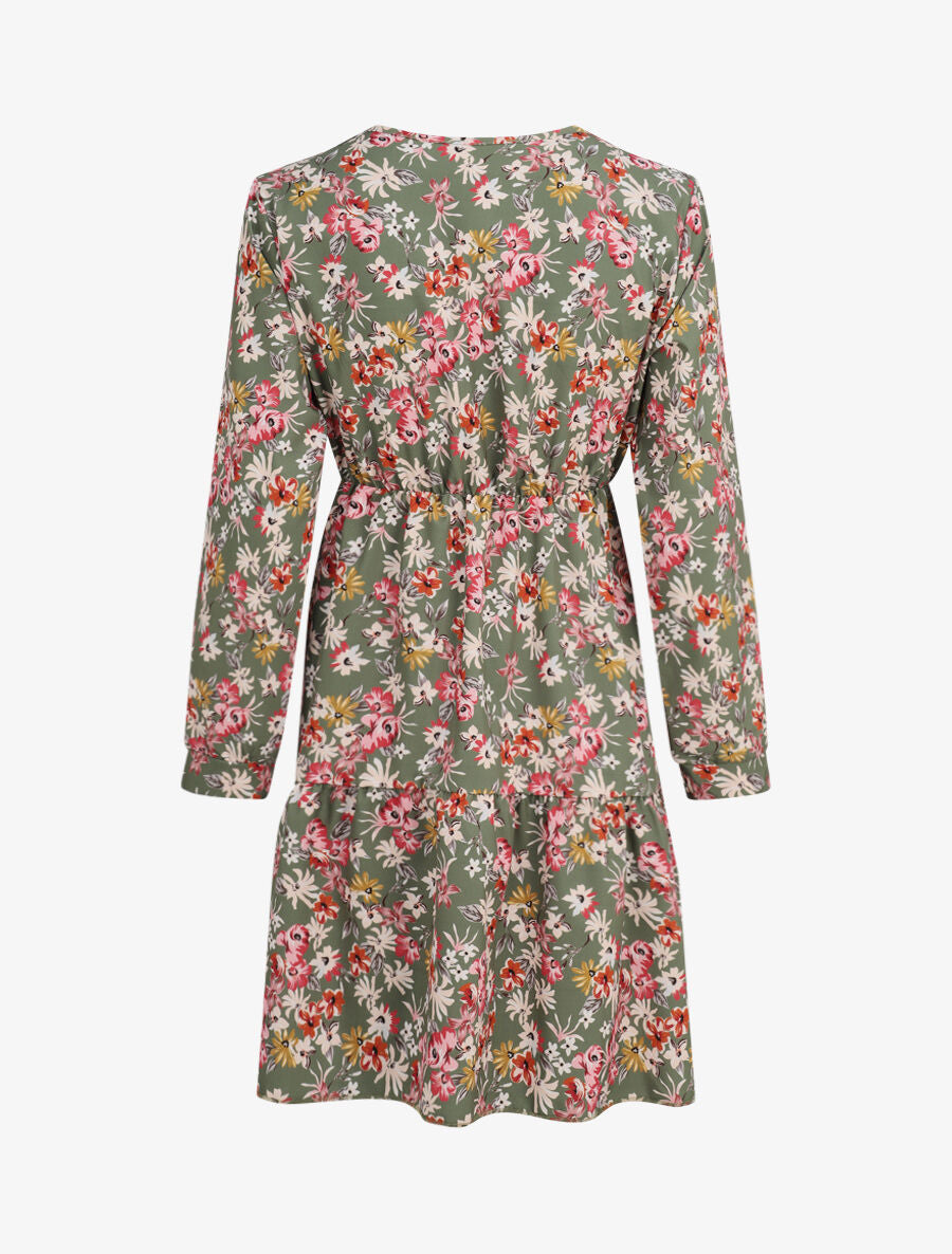 Robe patineuse fleurie à col cache-coeur - Vert olive - 2