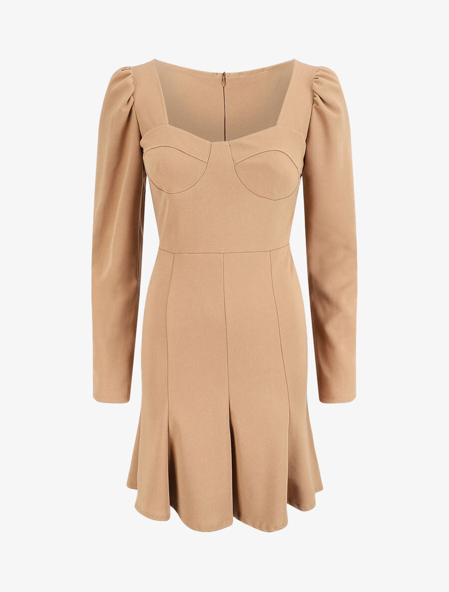 Robe volantée à manches gigot - Camel - 4
