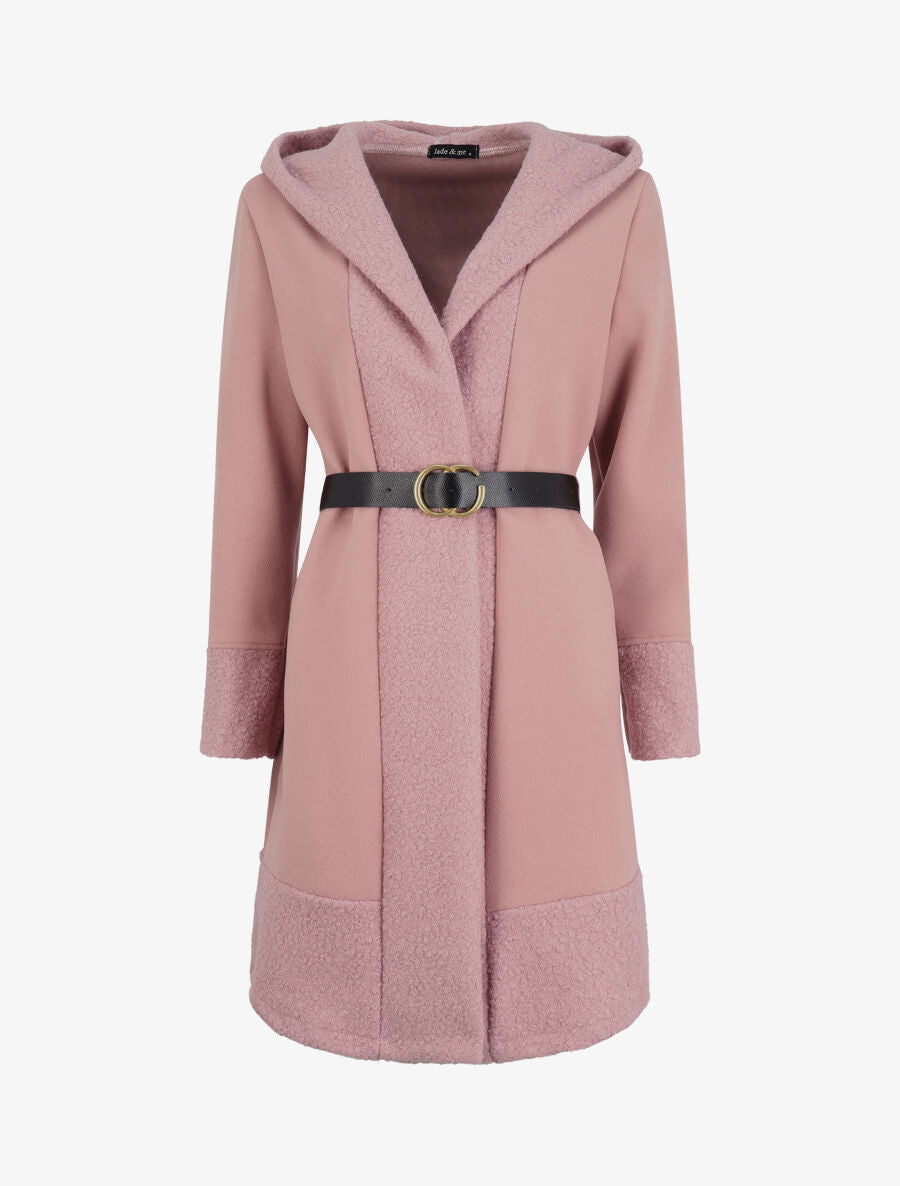 Manteau à capuche et détail laine bouclée Rose poudré Inspee
