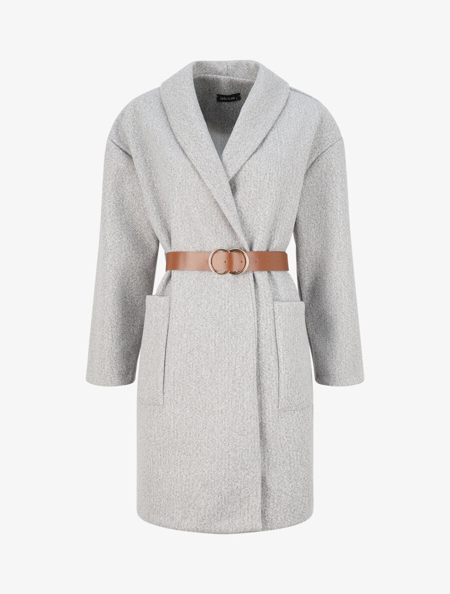Manteau mi-long à col châle et ceinture - Gris chiné - 1