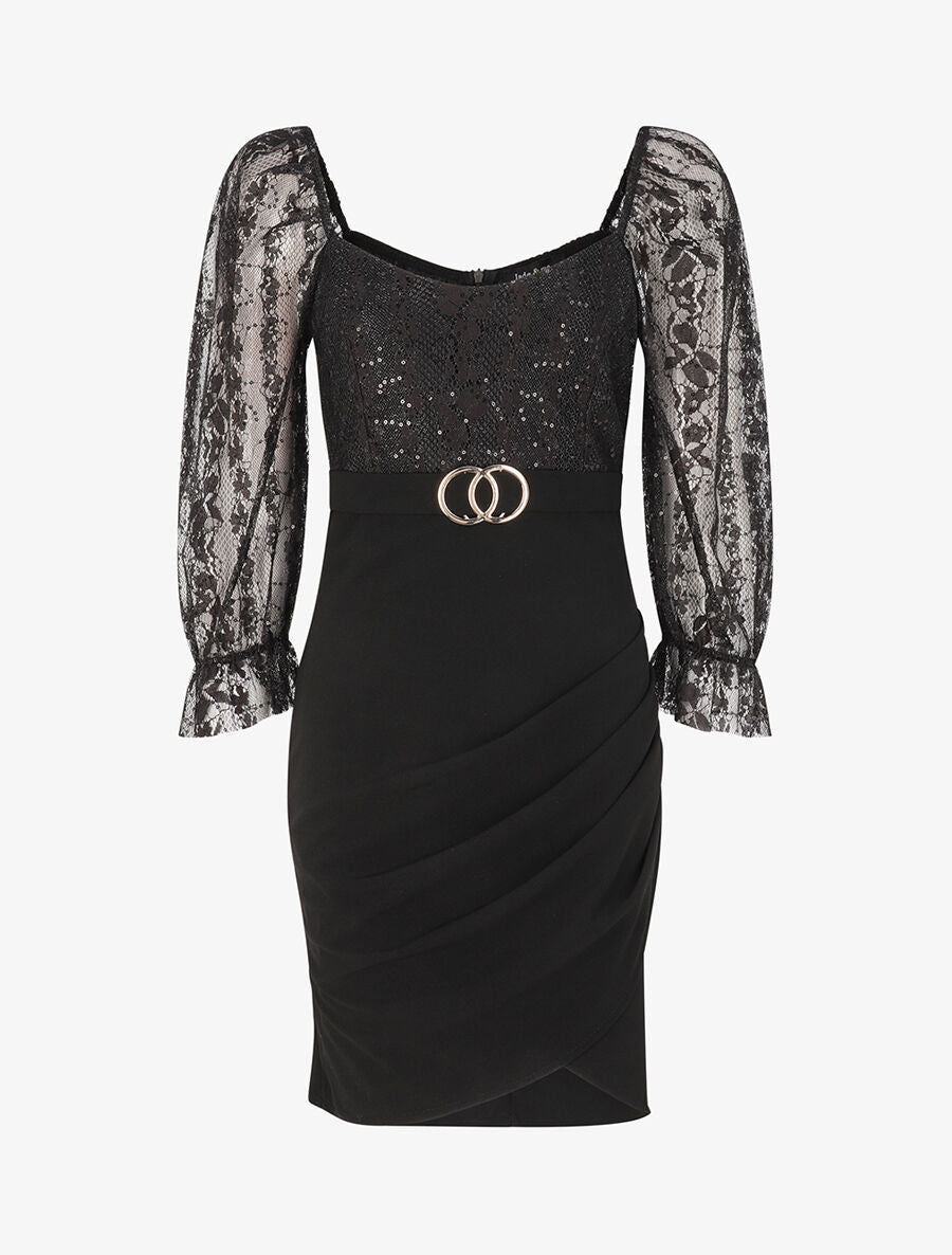 Robe drapée à buste en dentelle et sequins - Noir - 4
