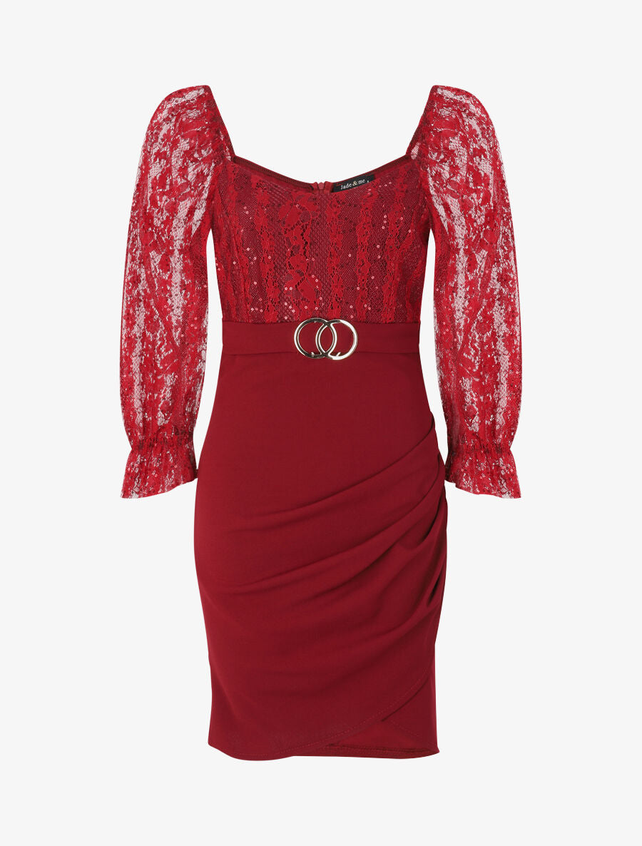 Robe drapée à buste en dentelle et sequins - Bordeaux - 4