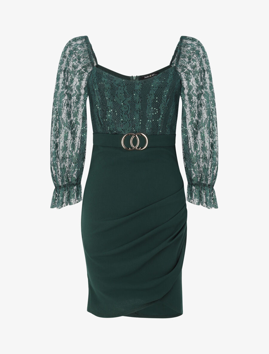 Robe drapée à buste en dentelle et sequins - Vert sapin - 1