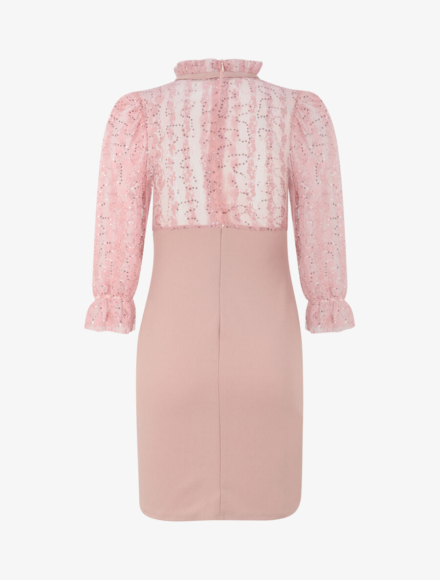 Robe à col montant et buste en dentelle et sequins - Rose poudré - 2