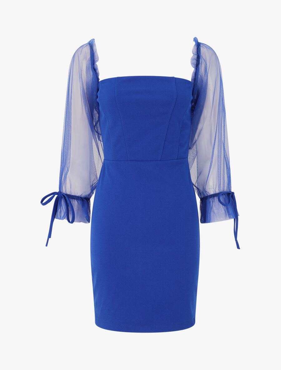 Robe à col bardot et manches en tulle - Bleu électrique - 4