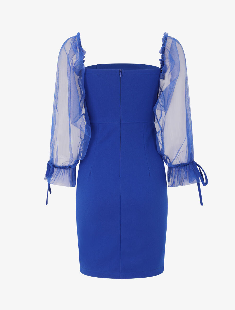 Robe à col bardot et manches en tulle - Bleu électrique - 2