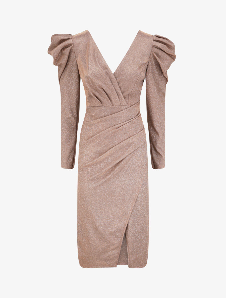 Robe drapée à manches gigot et paillettes - Rose poudré - 1