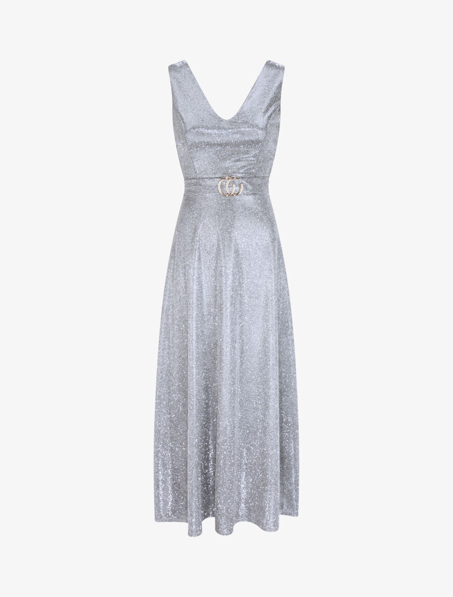 Robe longue à col V et paillettes - Argent - 1