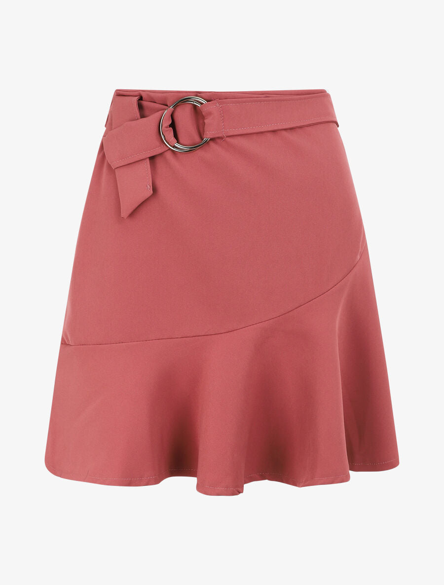 Jupe courte à taille élastiquée et bas volanté - Vieux rose - 1