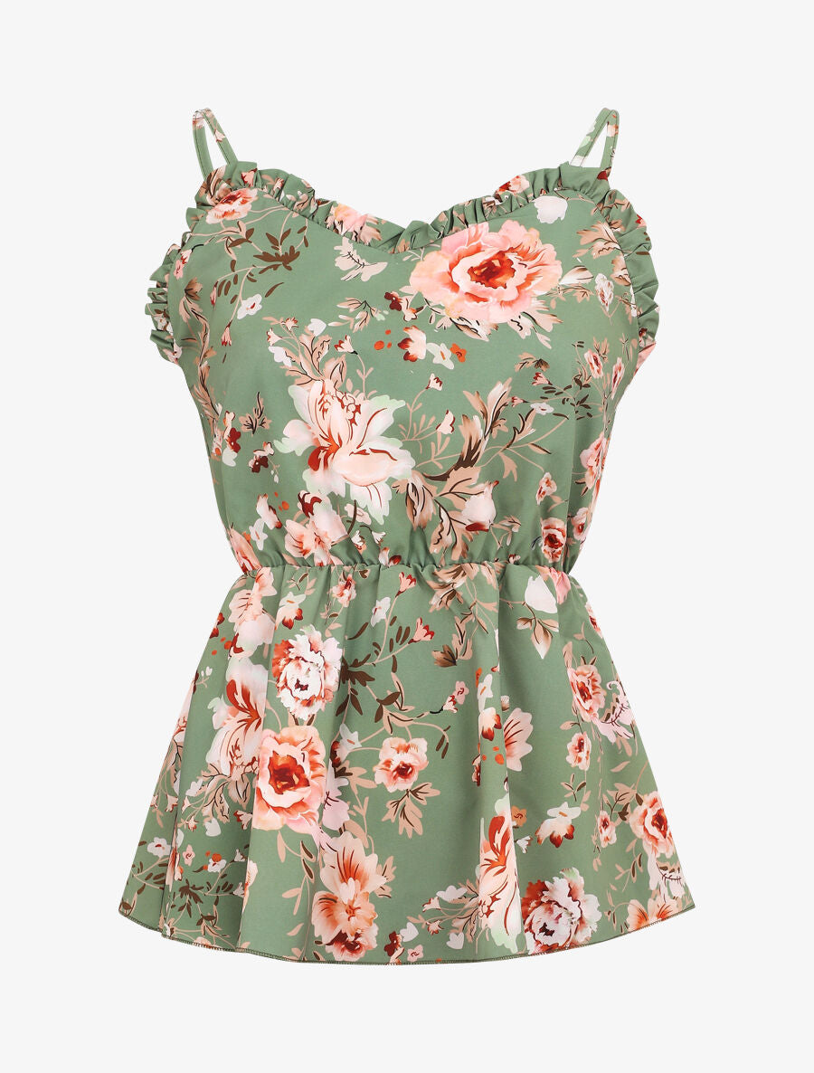 Top péplum imprimé roses - Vert olive - 1