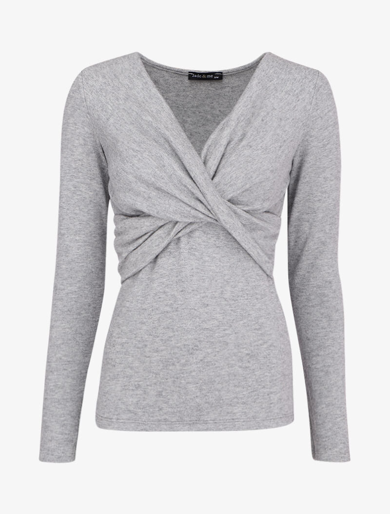 Pull fin à encolure cache-coeur effet drapé - Gris chiné - 4