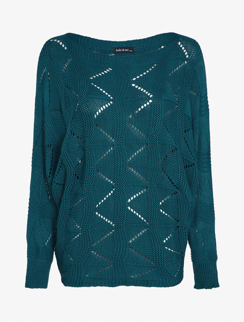 Pull loose en maille geométrique ajourée - Bleu canard - 1