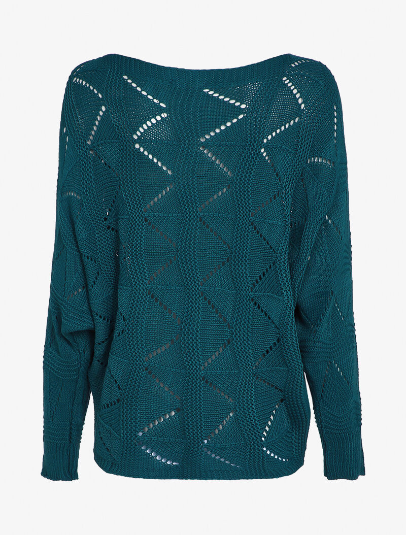 Pull loose en maille geométrique ajourée - Bleu canard - 2