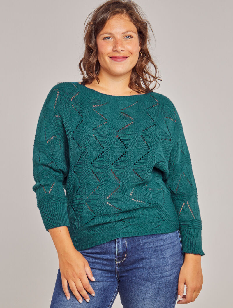 Pull loose en maille geométrique ajourée - Bleu canard - 4