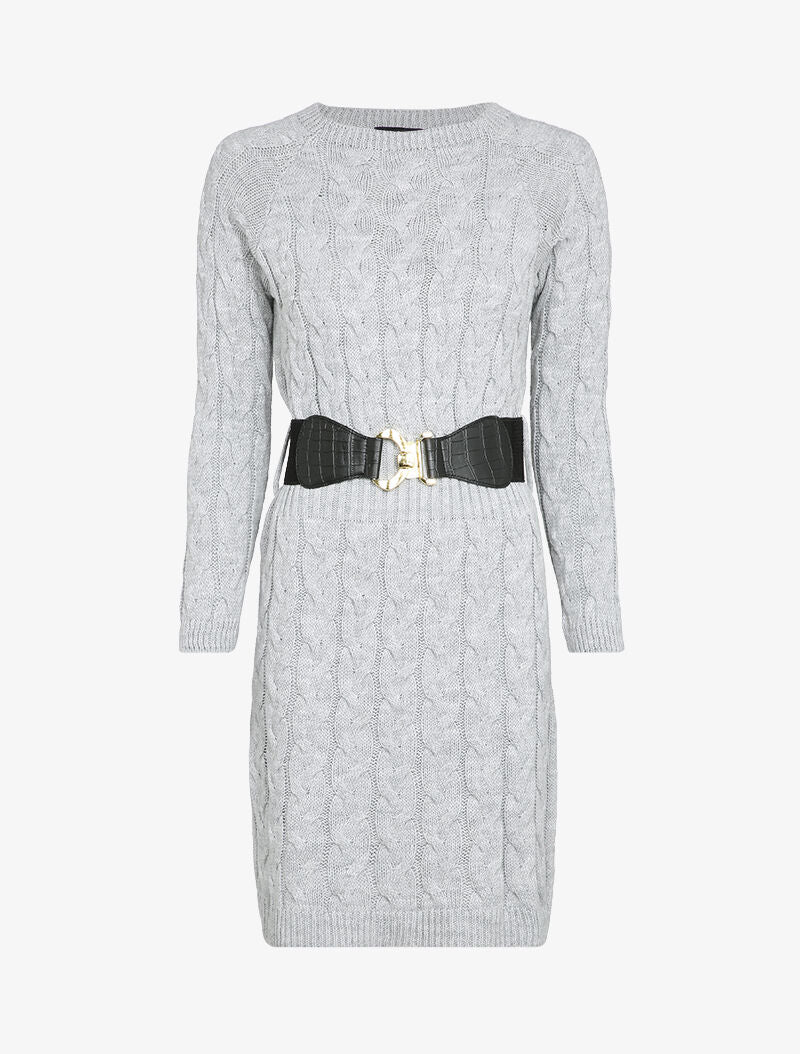 Robe pull en maille torsadée et taille côtelée - Gris chiné - 1