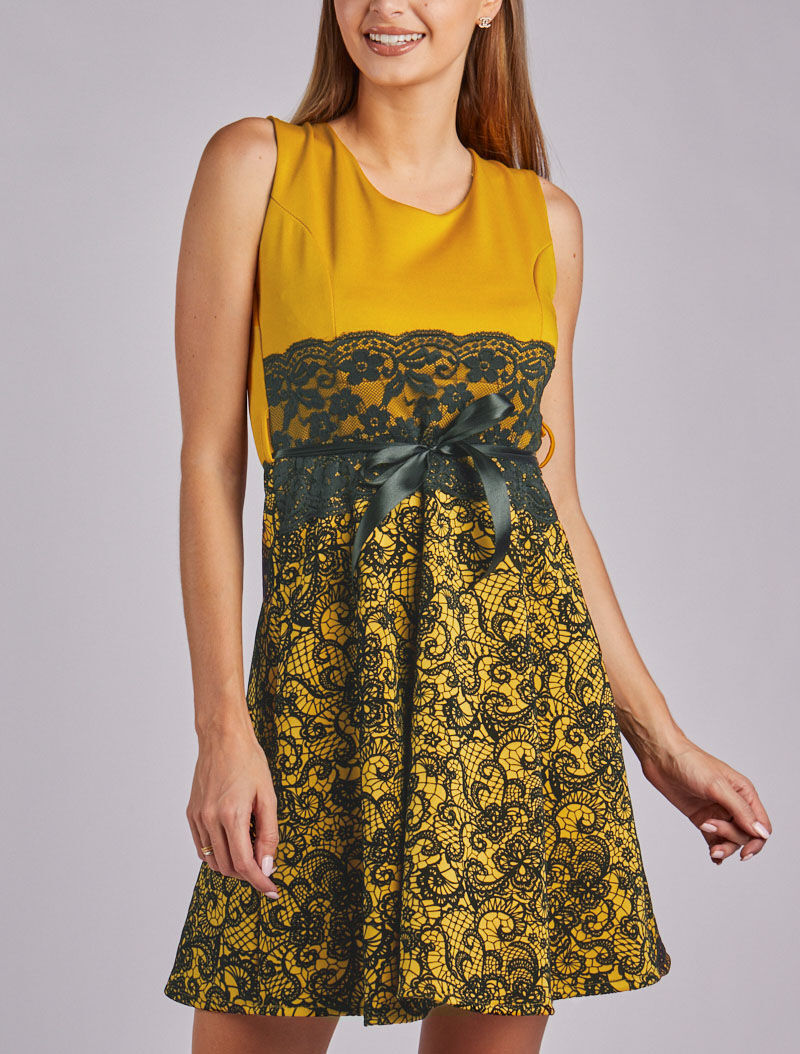 Robe patineuse à broderie - Moutarde - 1