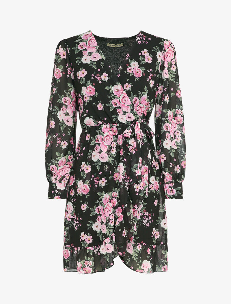 Robe portefeuille volantée à imprimé bouquet de roses - Noir - 4