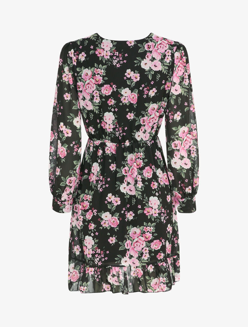 Robe portefeuille volantée à imprimé bouquet de roses - Noir - 2