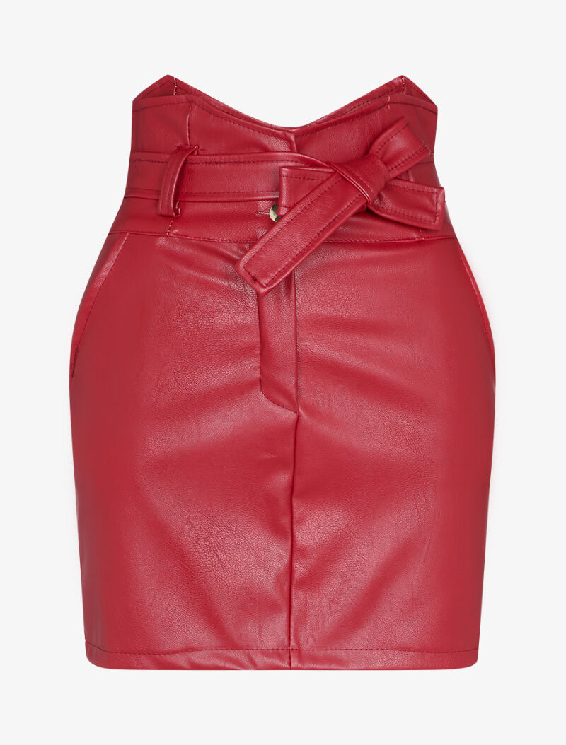 Jupe courte en simili à taille empire asymétrique - Rouge - 1