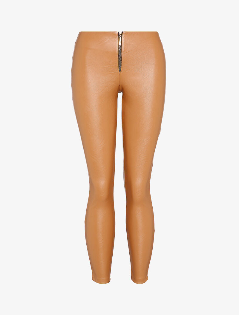 Legging en simili taille haute zippé - Camel - 1