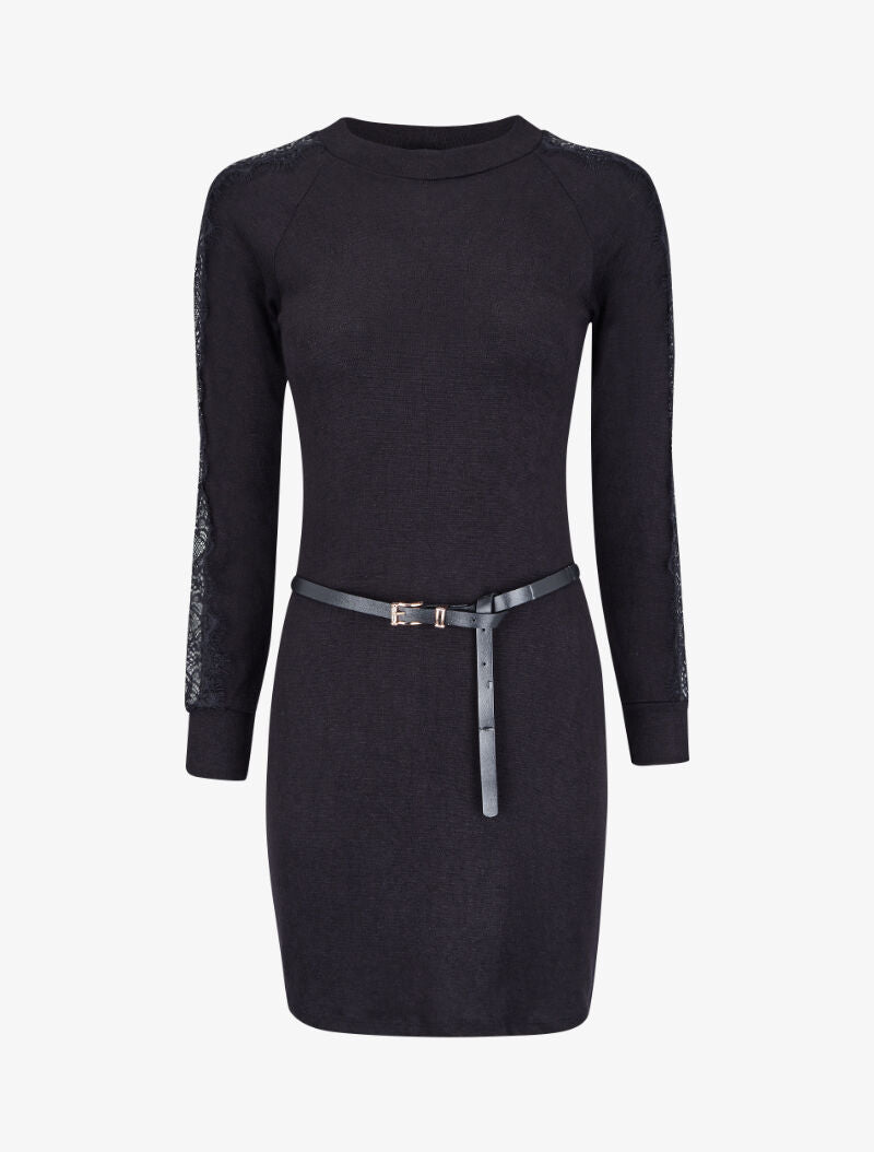 Robe pull à manches en dentelle - Noir - 2