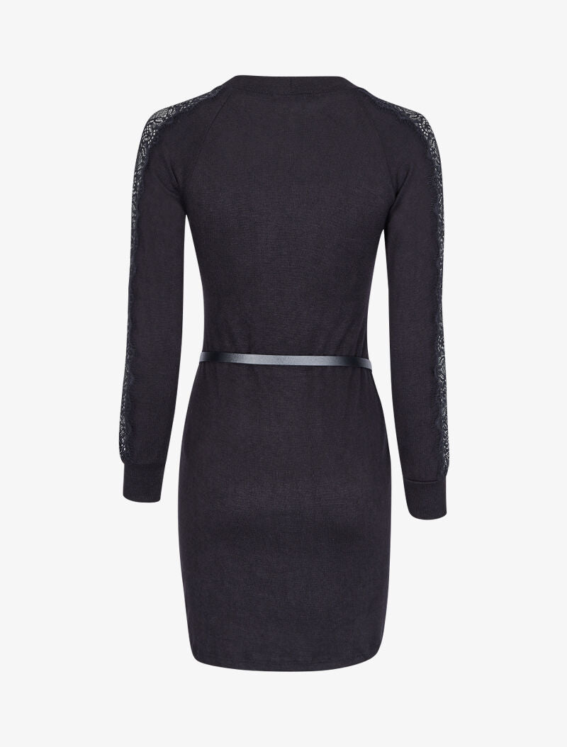 Robe pull à manches en dentelle - Noir - 3