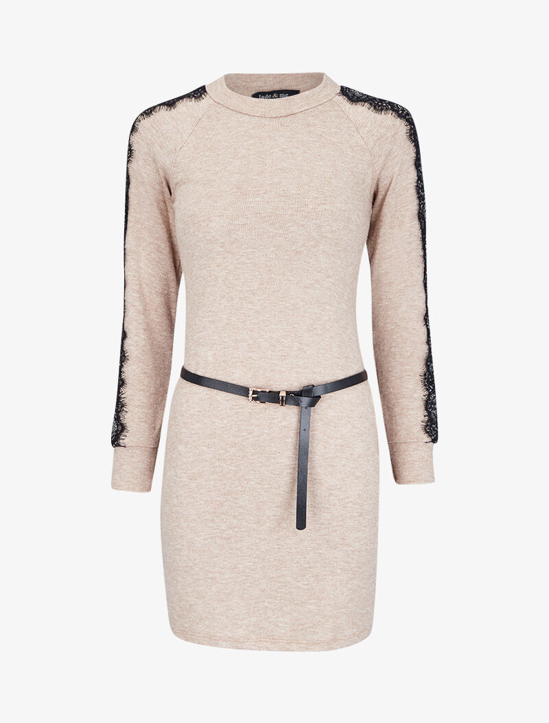 Robe pull à manches en dentelle - Beige - 1