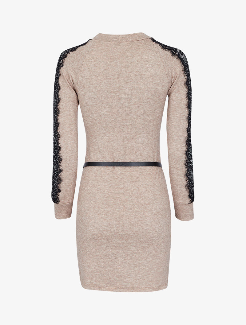 Robe pull à manches en dentelle - Beige - 2