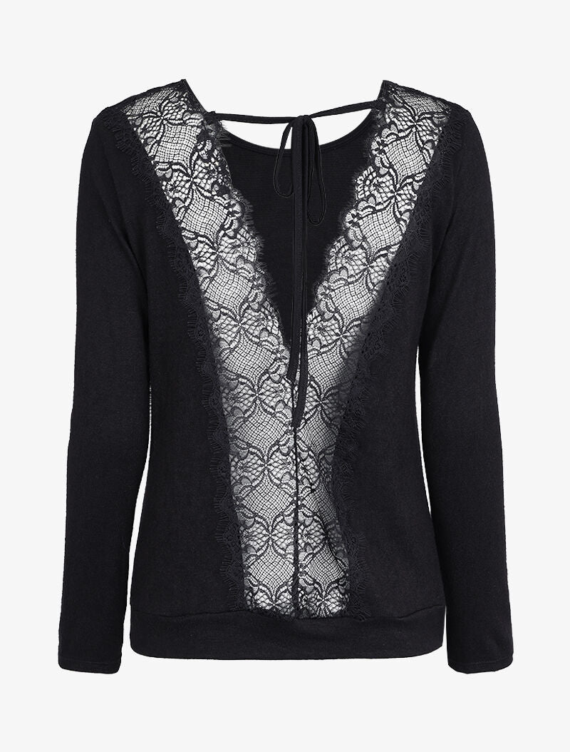 Pull à dos ouvert à détails dentelle - Noir - 1