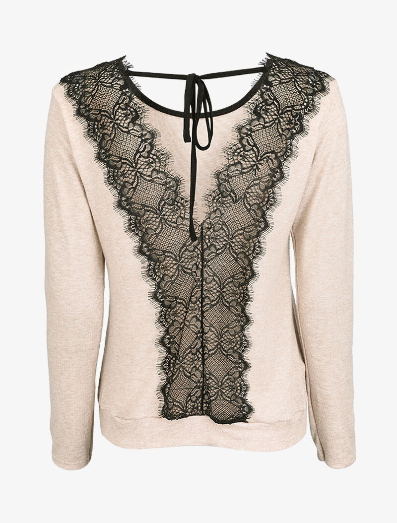 Pull à dos ouvert à détails dentelle - Beige - 1