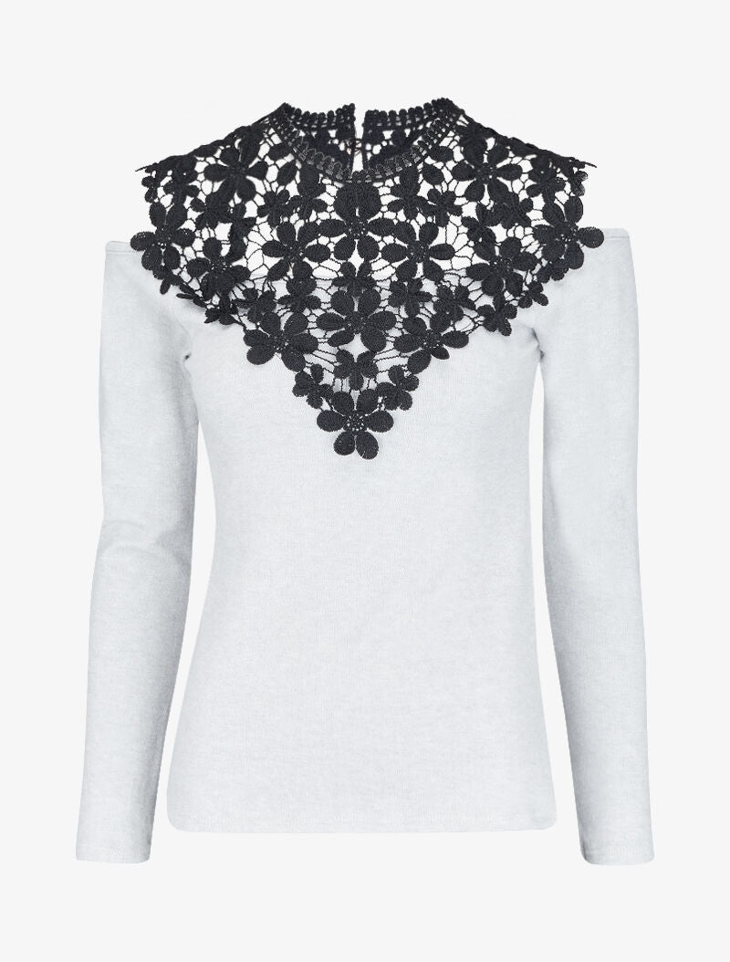 Pull à épaules dénudées et plastron dentelle - Gris clair - 2