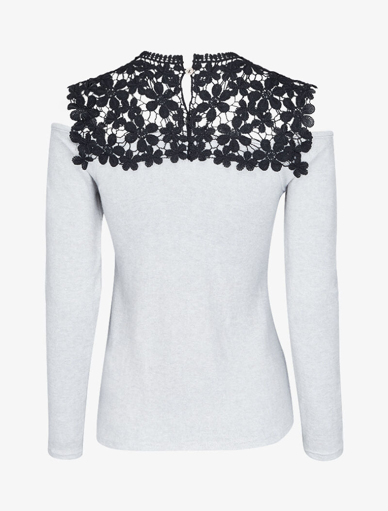 Pull à épaules dénudées et plastron dentelle - Gris clair - 3