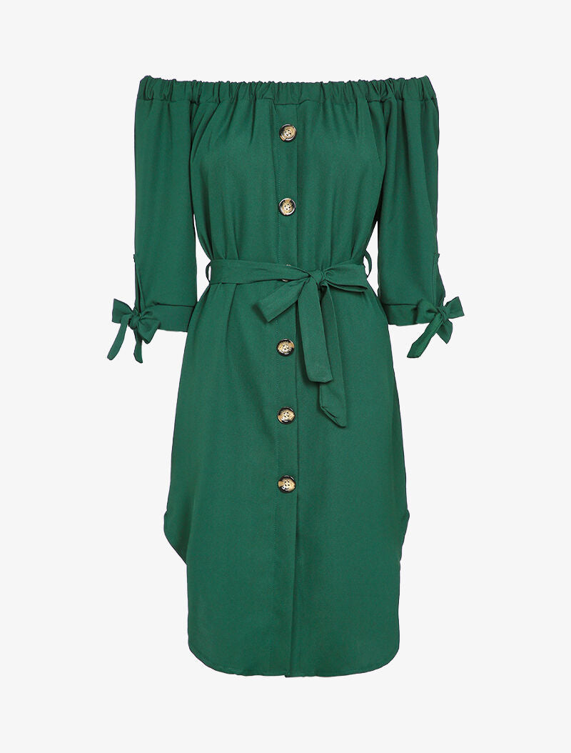 Robe boutonnée à encolure bardot - Vert sapin - 2
