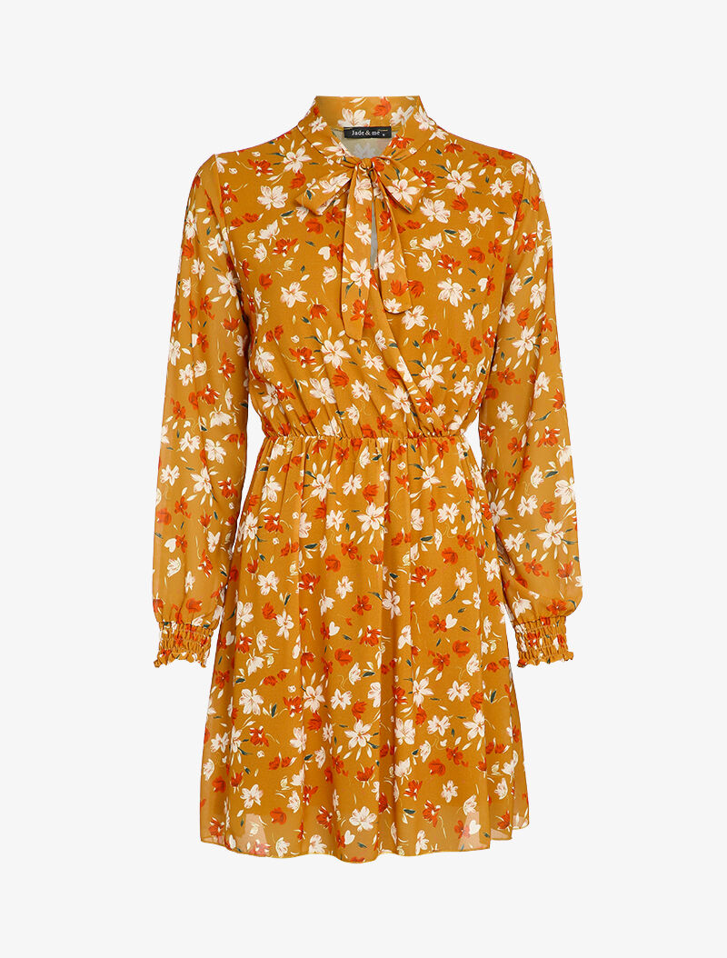 Robe imprimé fleur de lys à col lavallière - Moutarde - 4