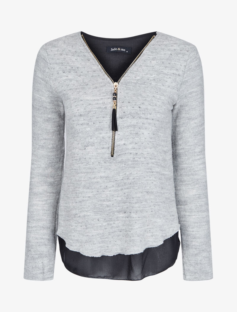 Pull en maille douce à doublure voile - Gris - 4