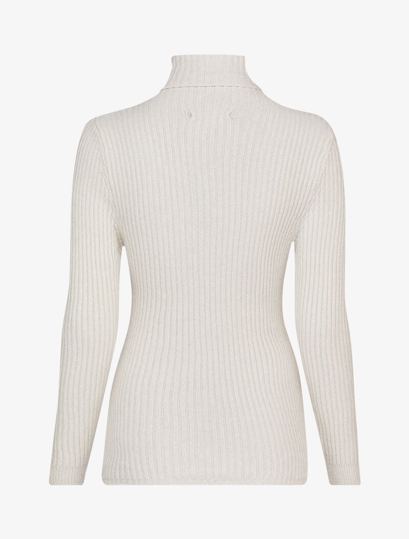 Pull côtelé moulant à col roulé - Écru - 2