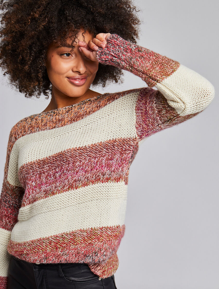 Pull en maille épaisse à rayures - Rose - 6