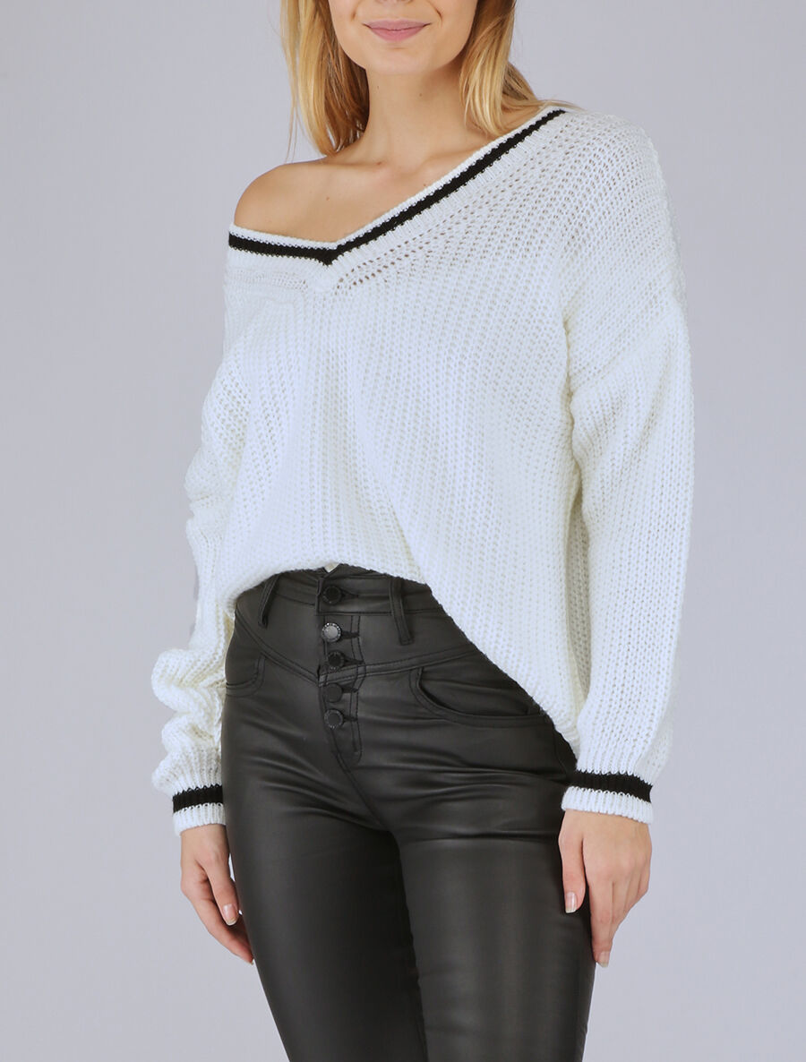 Pull oversize en maille tressée - Blanc/noir - 1