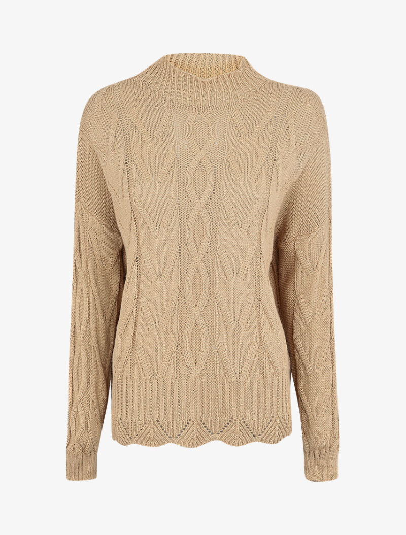 Pull loose en maille tressée à col montant - Camel - 4
