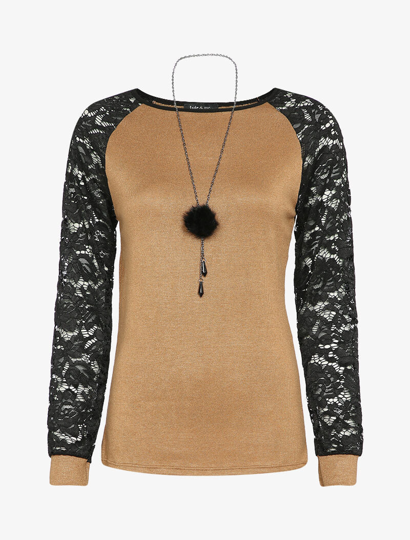 Pull à manches raglan en dentelle - Camel - 4