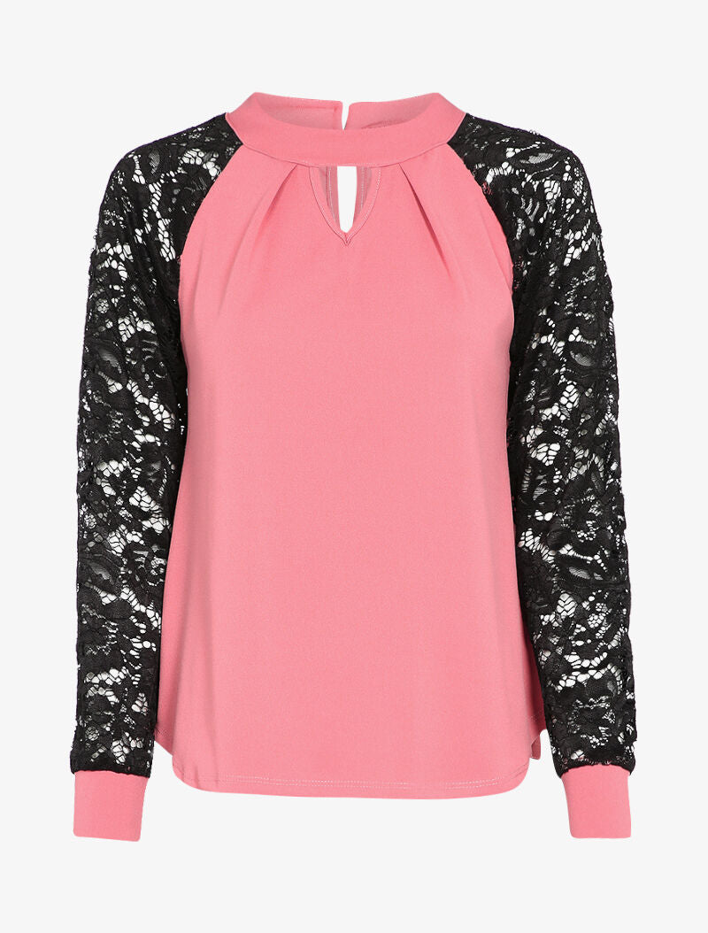Top col montant et manches en dentelle - Rose - 2