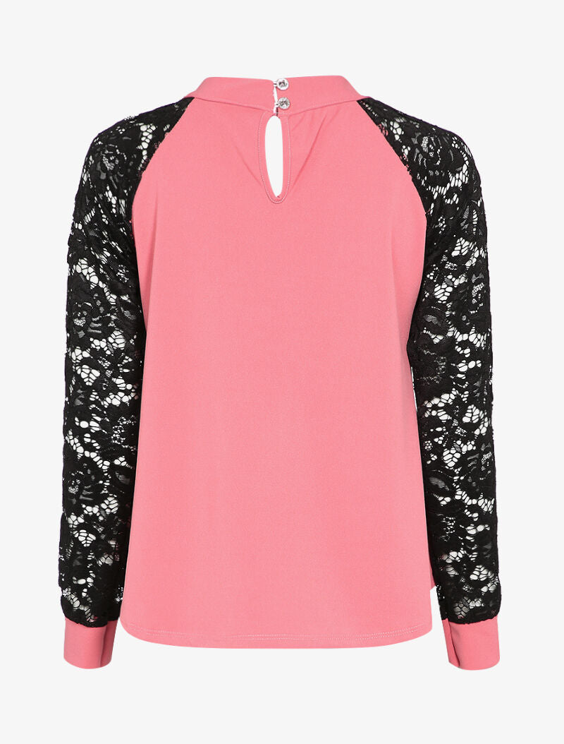 Top col montant et manches en dentelle - Rose - 3